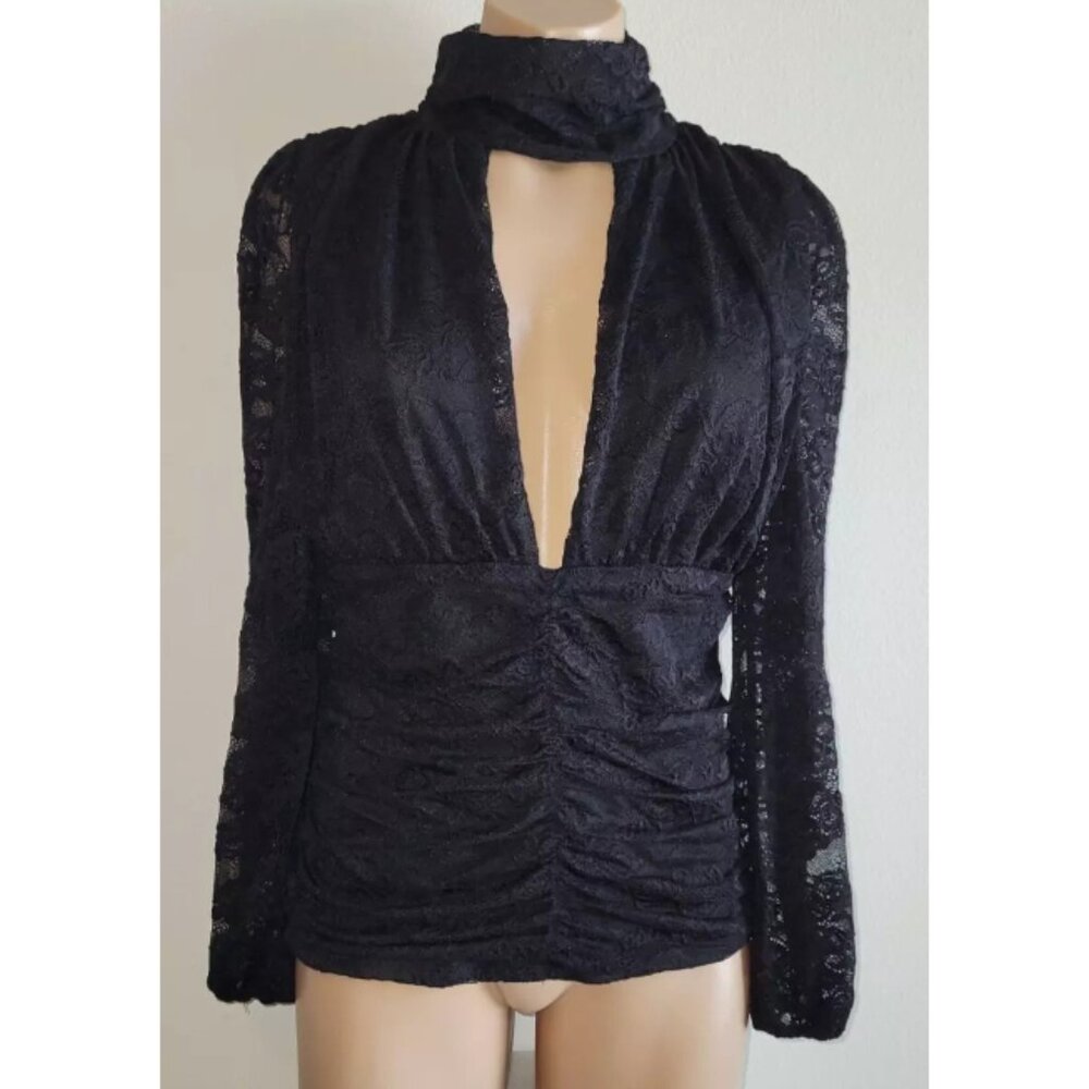 Bebe Sexy Medium Black Full Floral Lace Deep V-neck Long Sleeve Blouse Goth Top